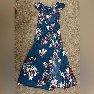 Romantic Boho Dark Floral Maxi Dress Size L Off The Shoulder Flowy Slit Pockets